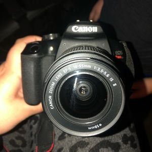 Canon camera, lenses, self photography stick, battery, battery charger, bag